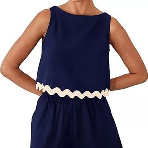 Navy Sleeveless Top with Cream Trim